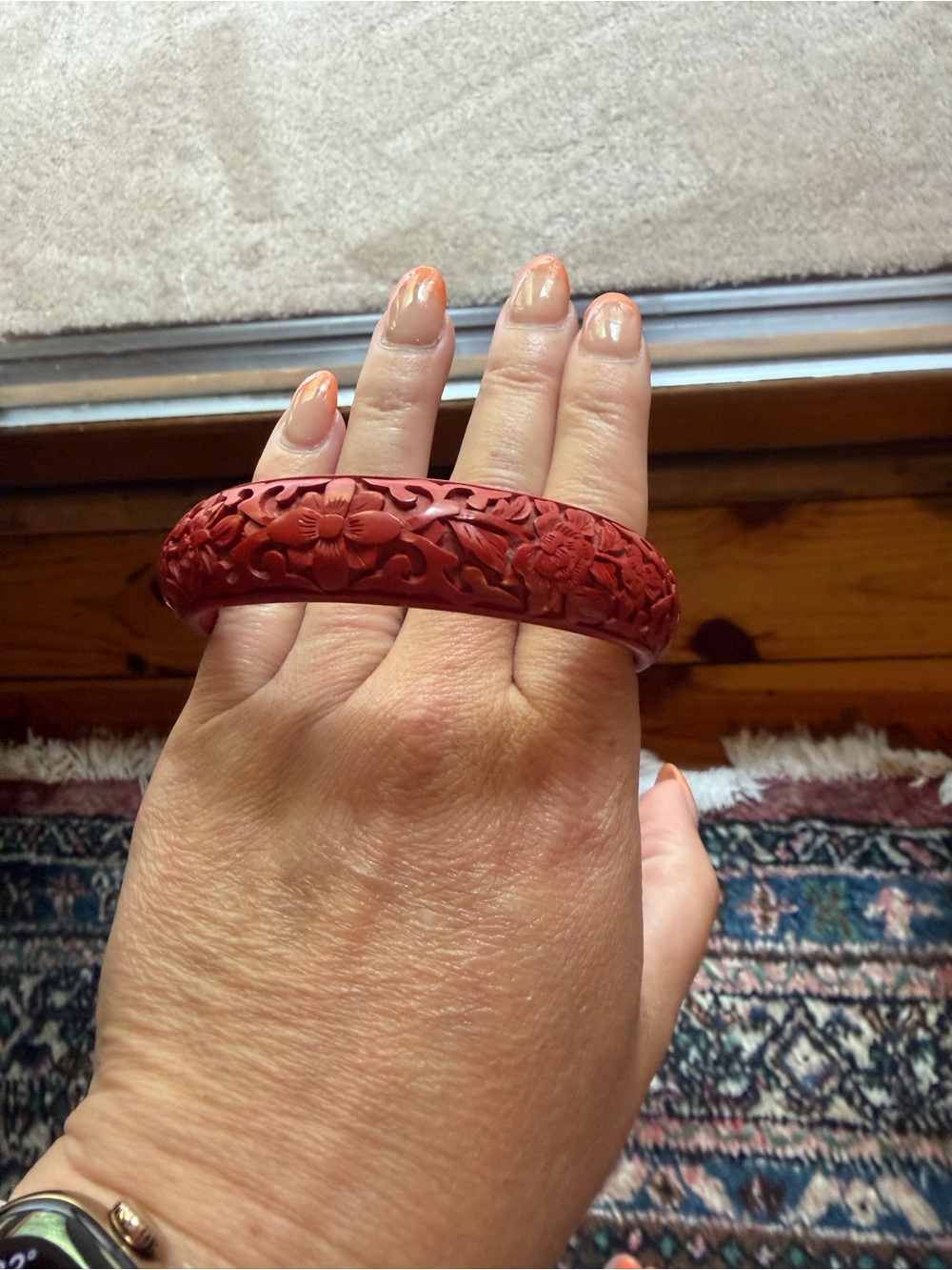 Red Carved Floral Wood Bangle Bracelet- Vintage Chinese - Picture 2 of 4